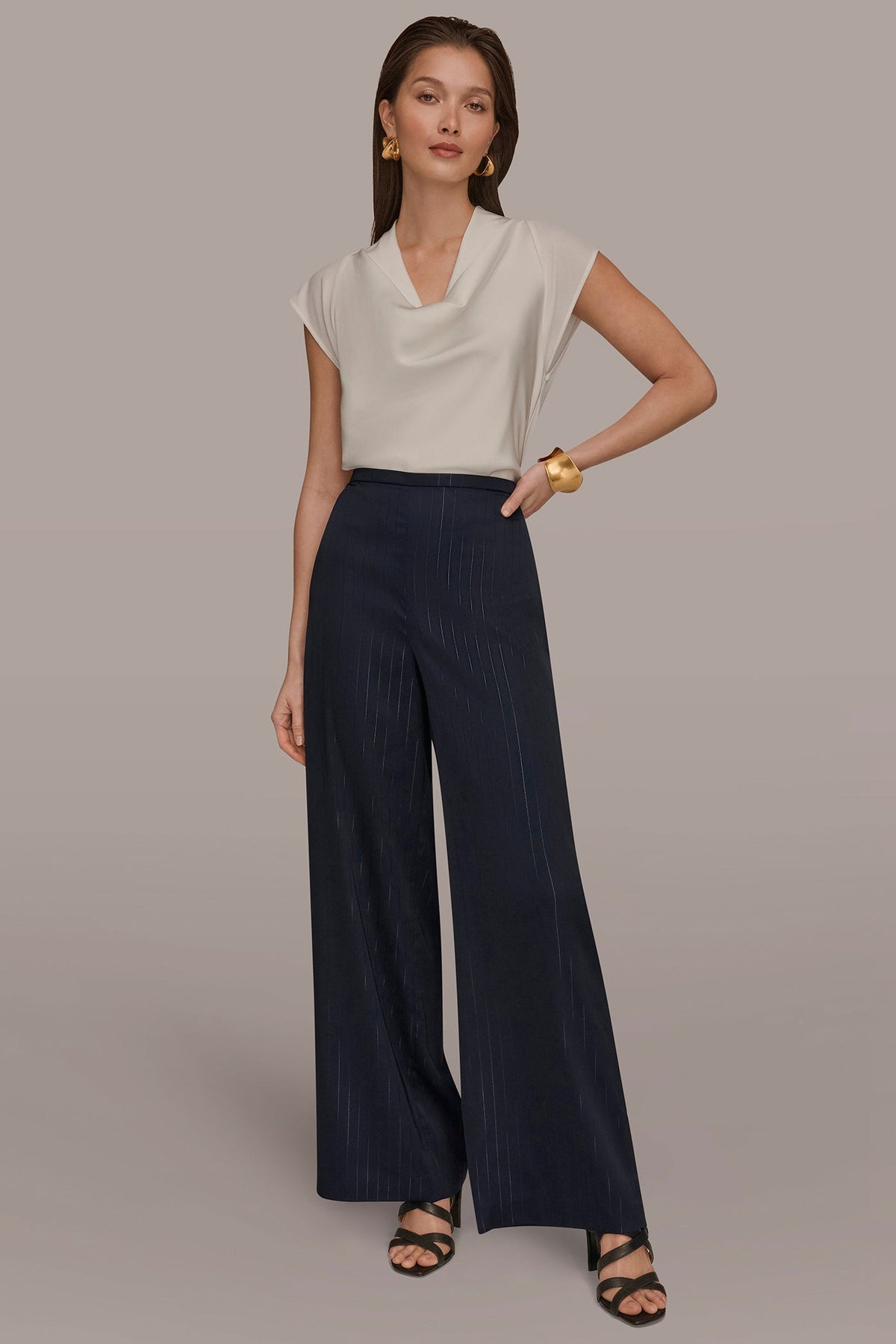 WIDE LEG PULL ON PANT - Navy/Silver Pinstrip