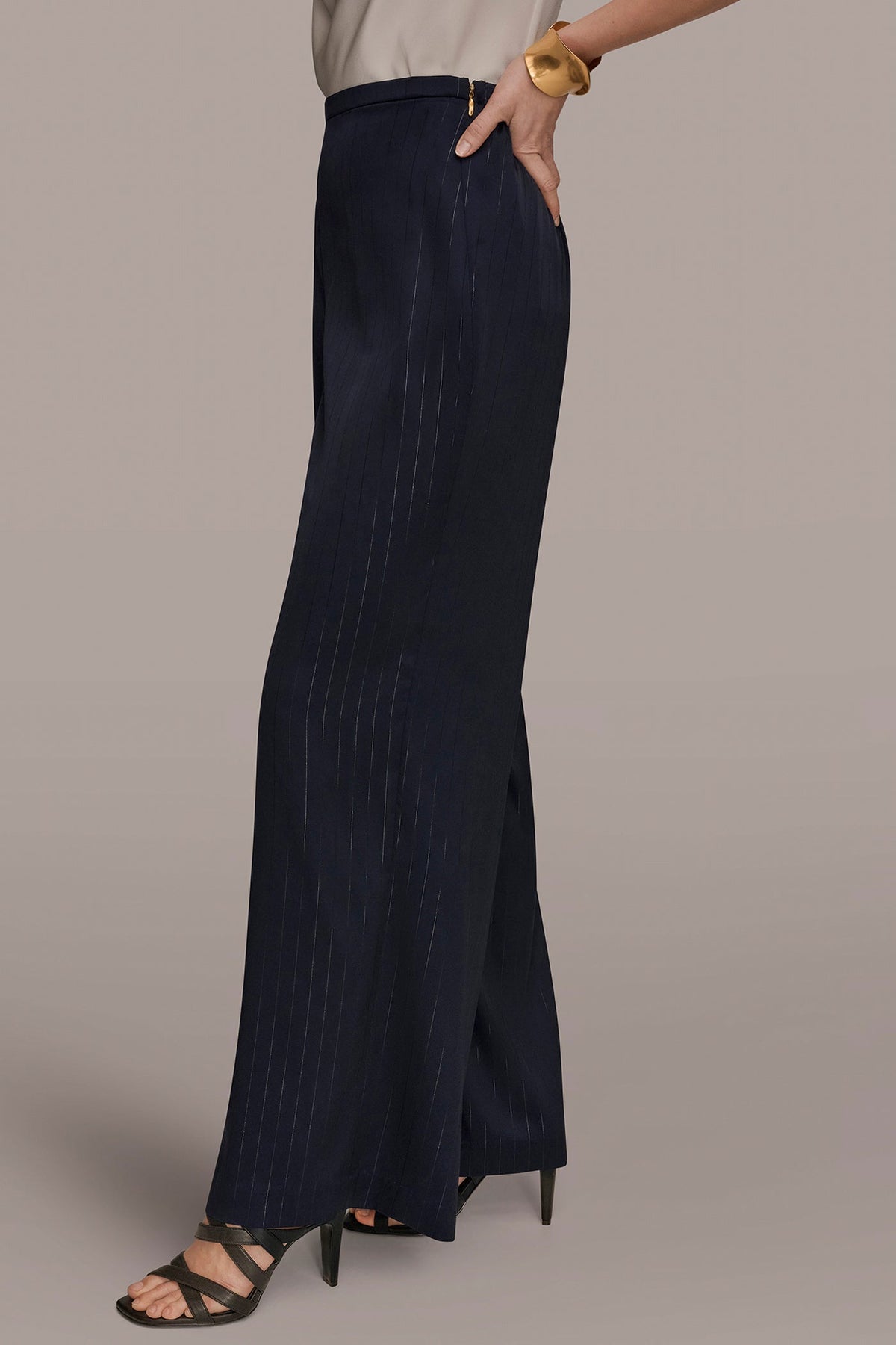 WIDE LEG PULL ON PANT - Navy/Silver Pinstrip