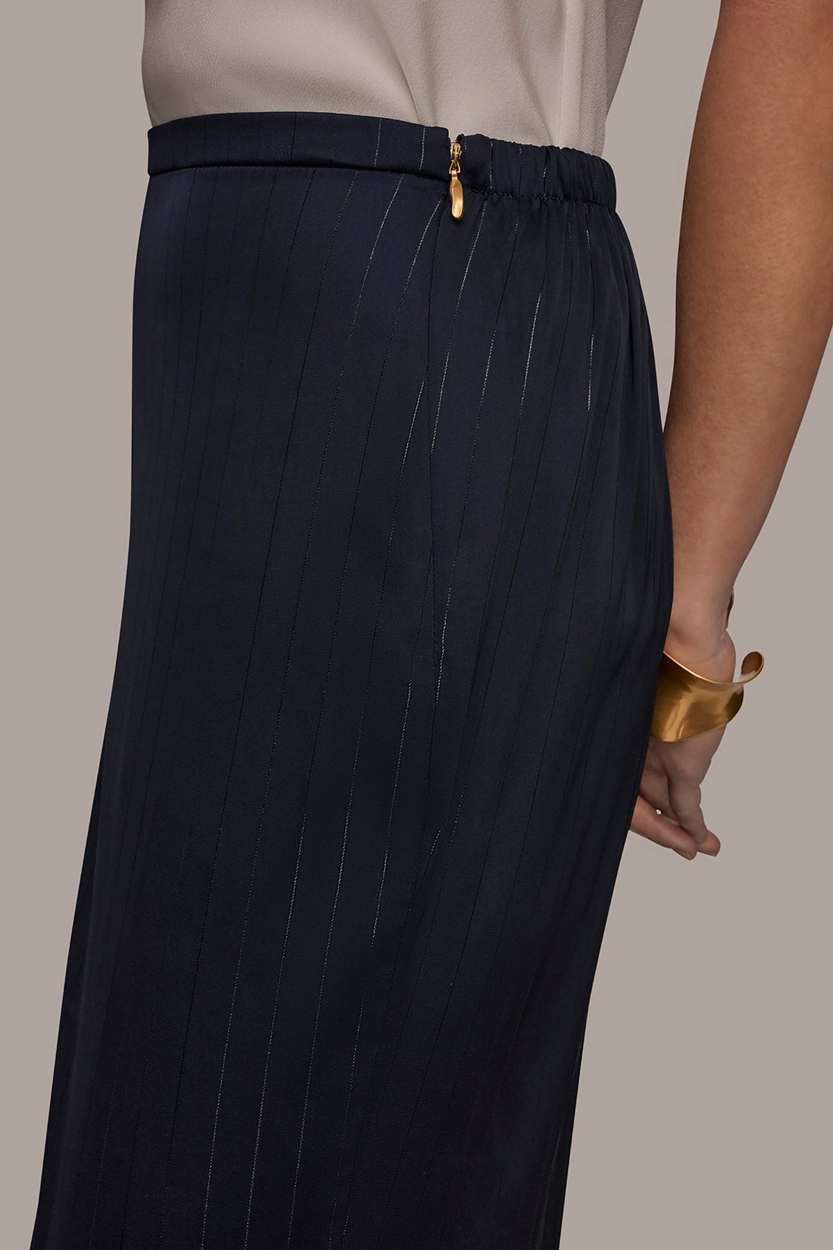 WIDE LEG PULL ON PANT - Navy/Silver Pinstrip