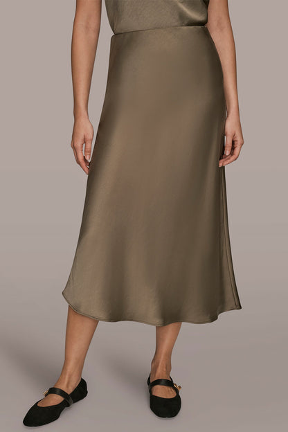 SATIN MIDI A-LINE SKIRT - UTILITY GREEN