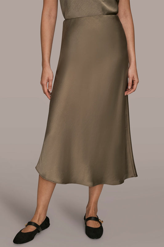 SATIN MIDI A-LINE SKIRT - UTILITY GREEN