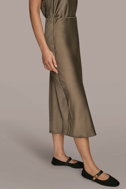 SATIN MIDI A-LINE SKIRT - UTILITY GREEN