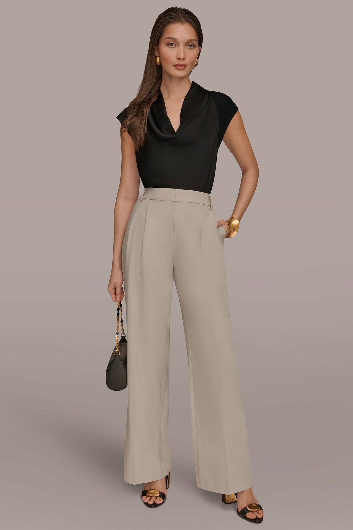 PLEATED WIDE LEG PANT - Tuscan Grey
