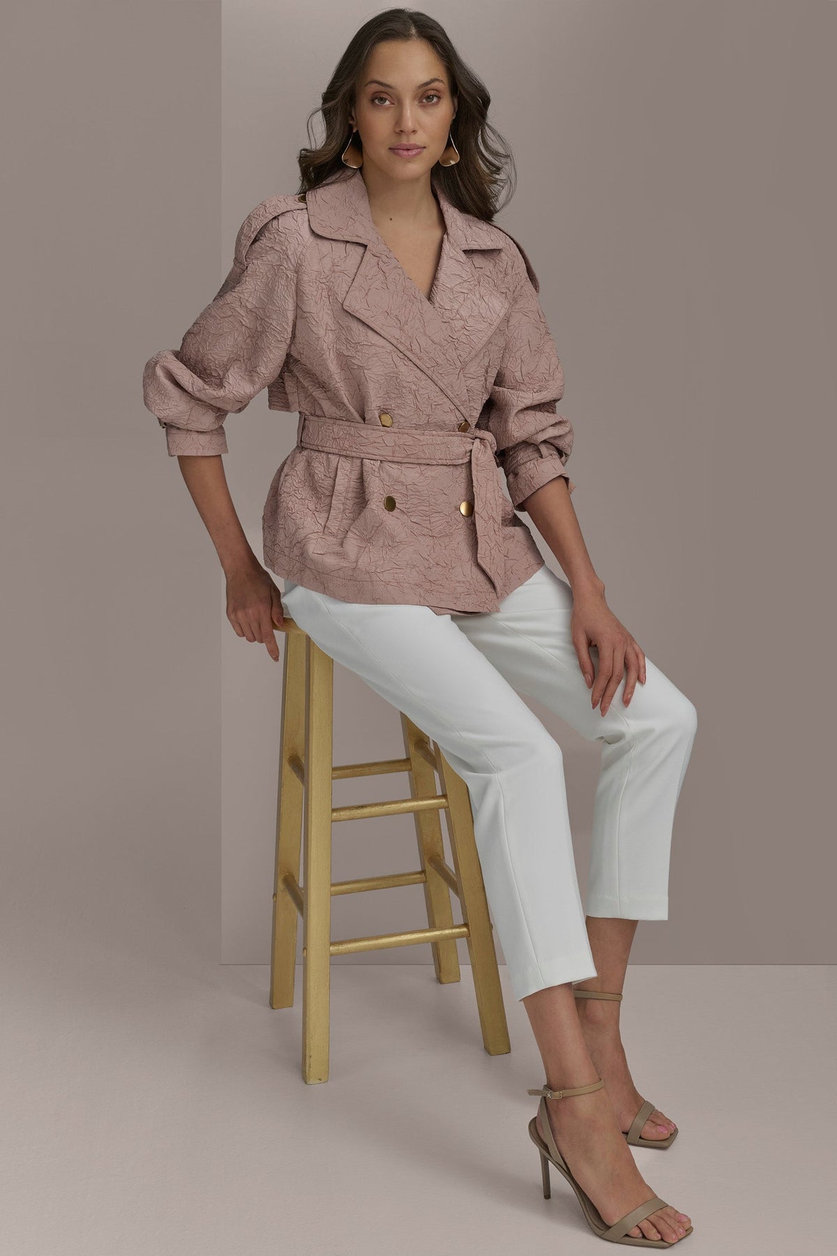 TEXT BUTTON JACKET WITH TIE - APRICOT HAZE