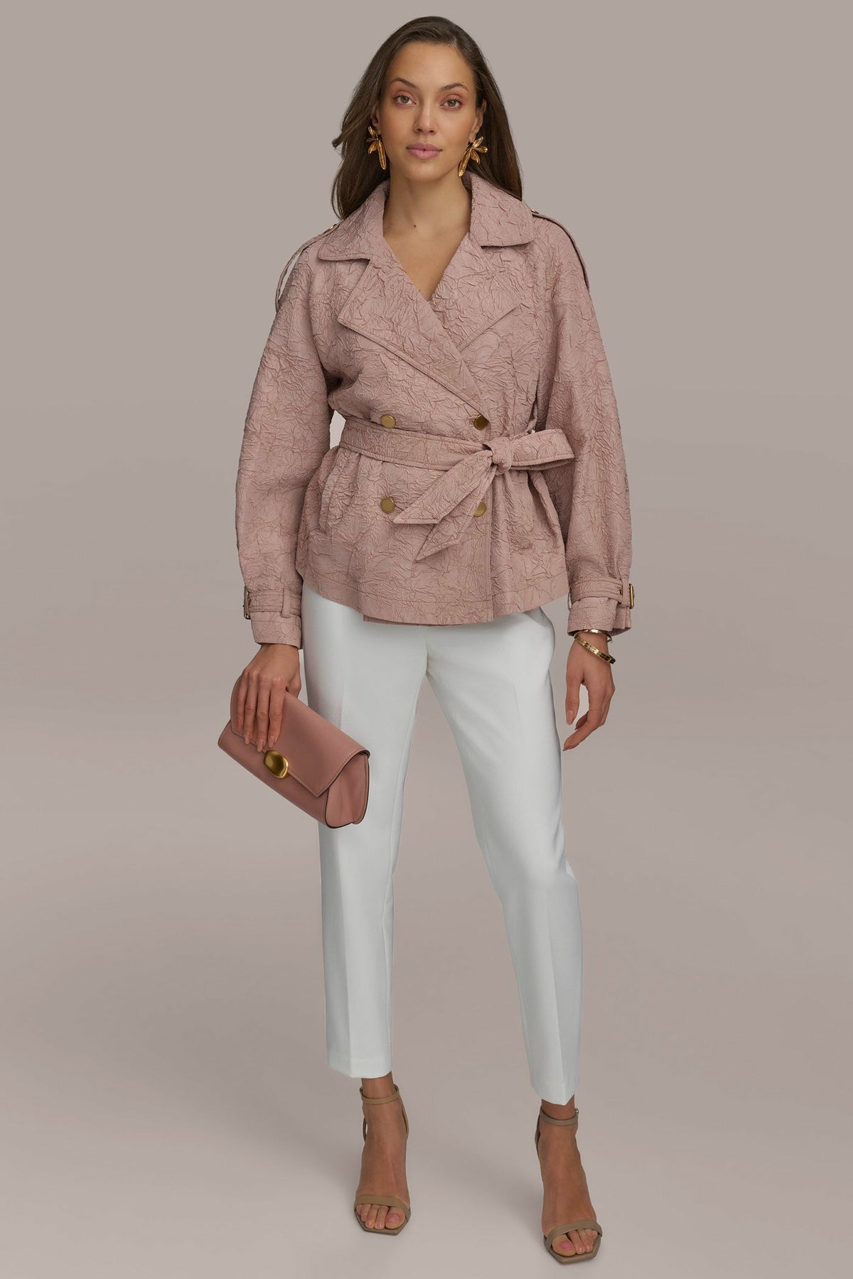 TEXT BUTTON JACKET WITH TIE - APRICOT HAZE