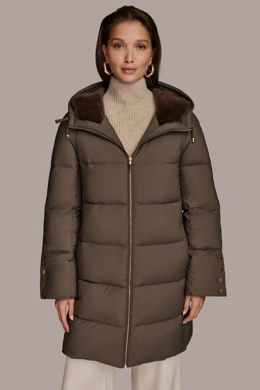 Long Hooded Down Filled Puffer Coat - HICKORY