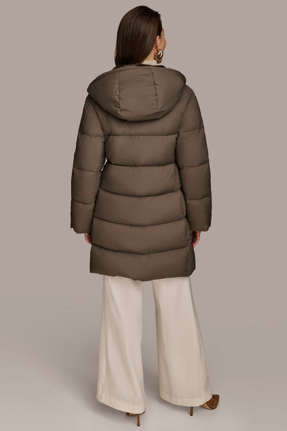 Long Hooded Down Filled Puffer Coat - HICKORY