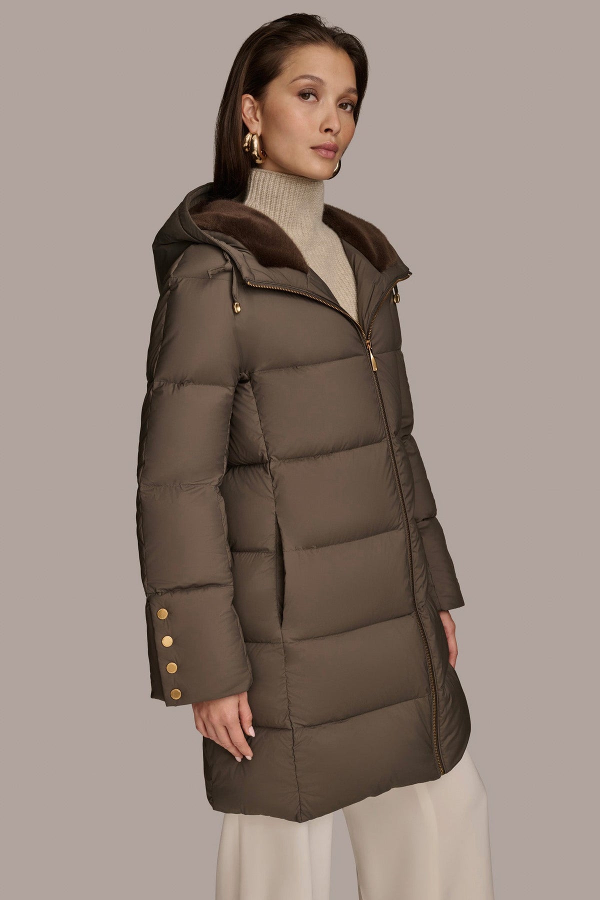 Long Hooded Down Filled Puffer Coat - HICKORY
