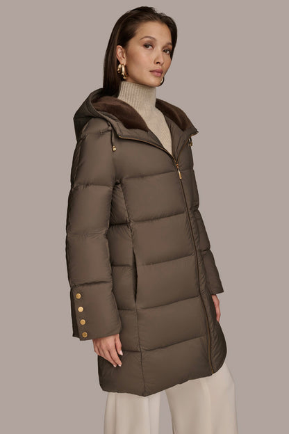 Long Hooded Down Filled Puffer Coat - HICKORY