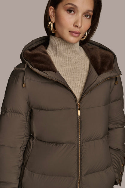 Long Hooded Down Filled Puffer Coat - HICKORY