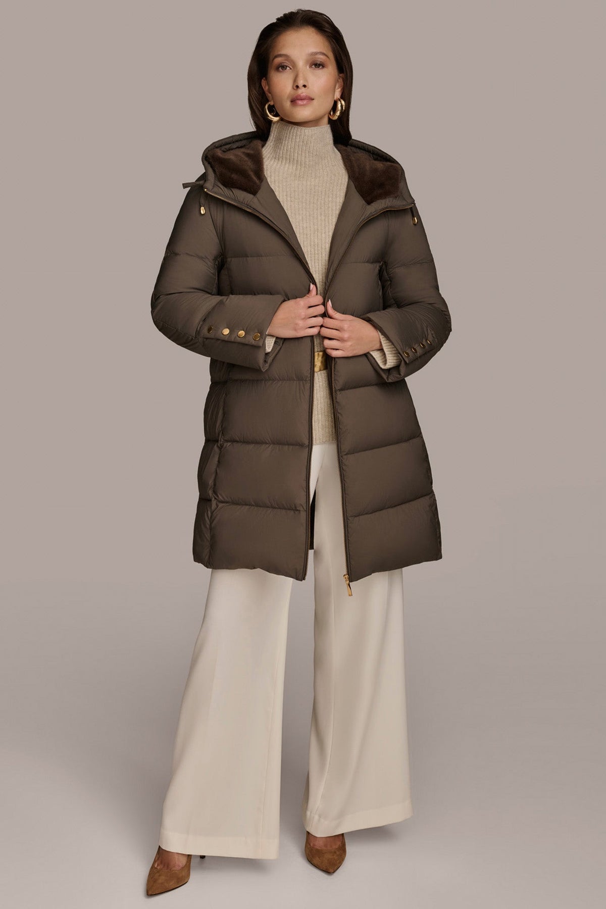 Long Hooded Down Filled Puffer Coat - HICKORY
