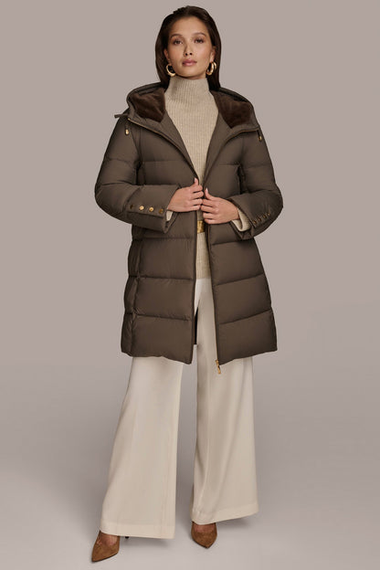 Long Hooded Down Filled Puffer Coat - HICKORY