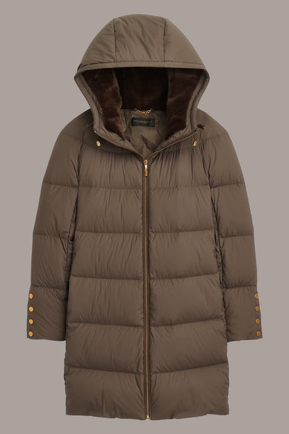 Long Hooded Down Filled Puffer Coat - HICKORY