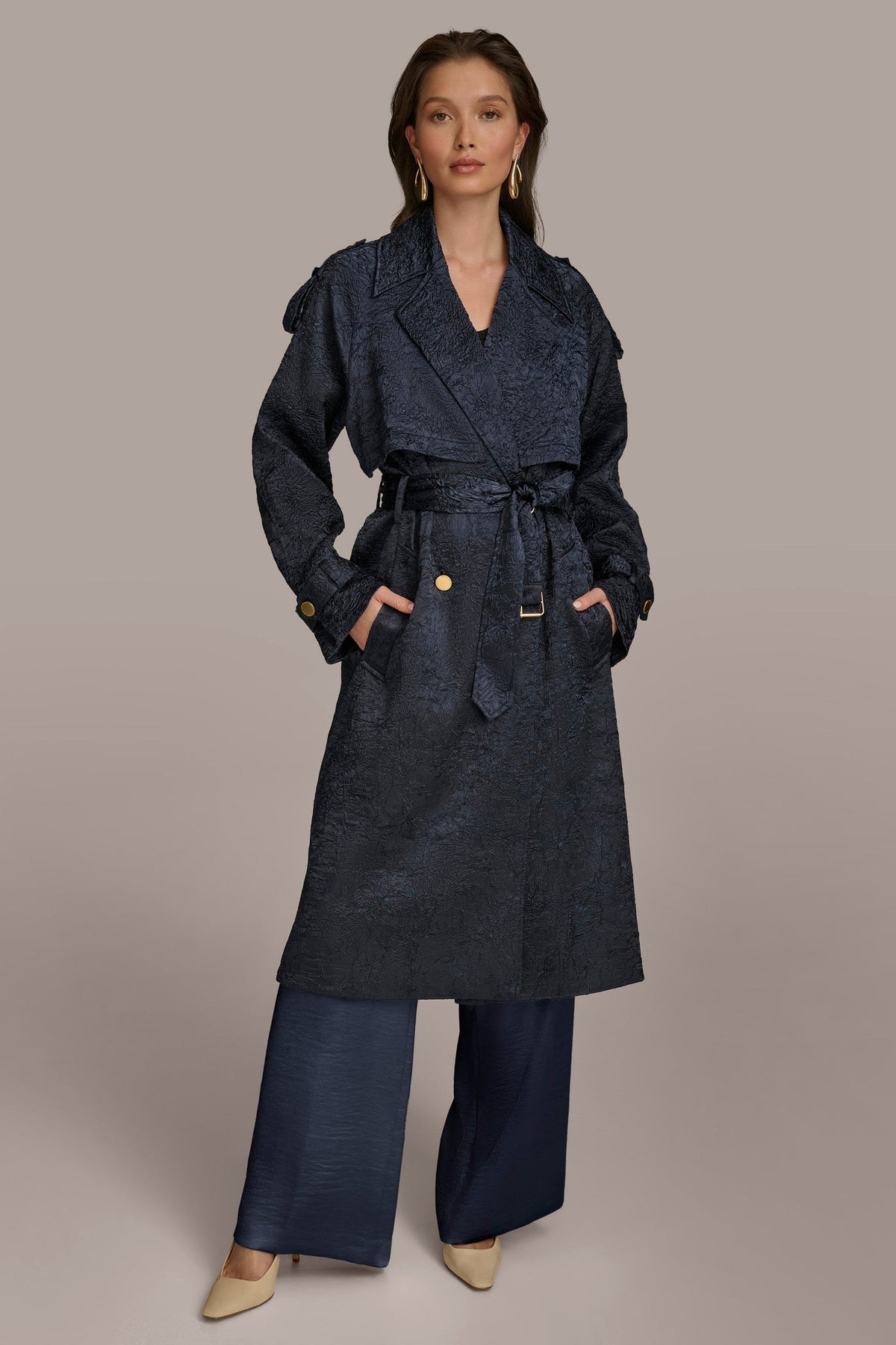 CRUSHED SATIN TRENCH COAT - NIGHTFALL