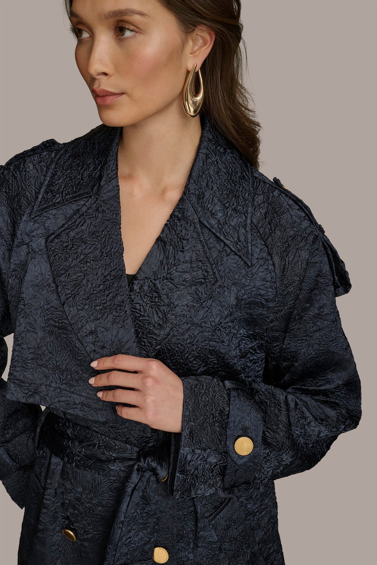 CRUSHED SATIN TRENCH COAT - NIGHTFALL