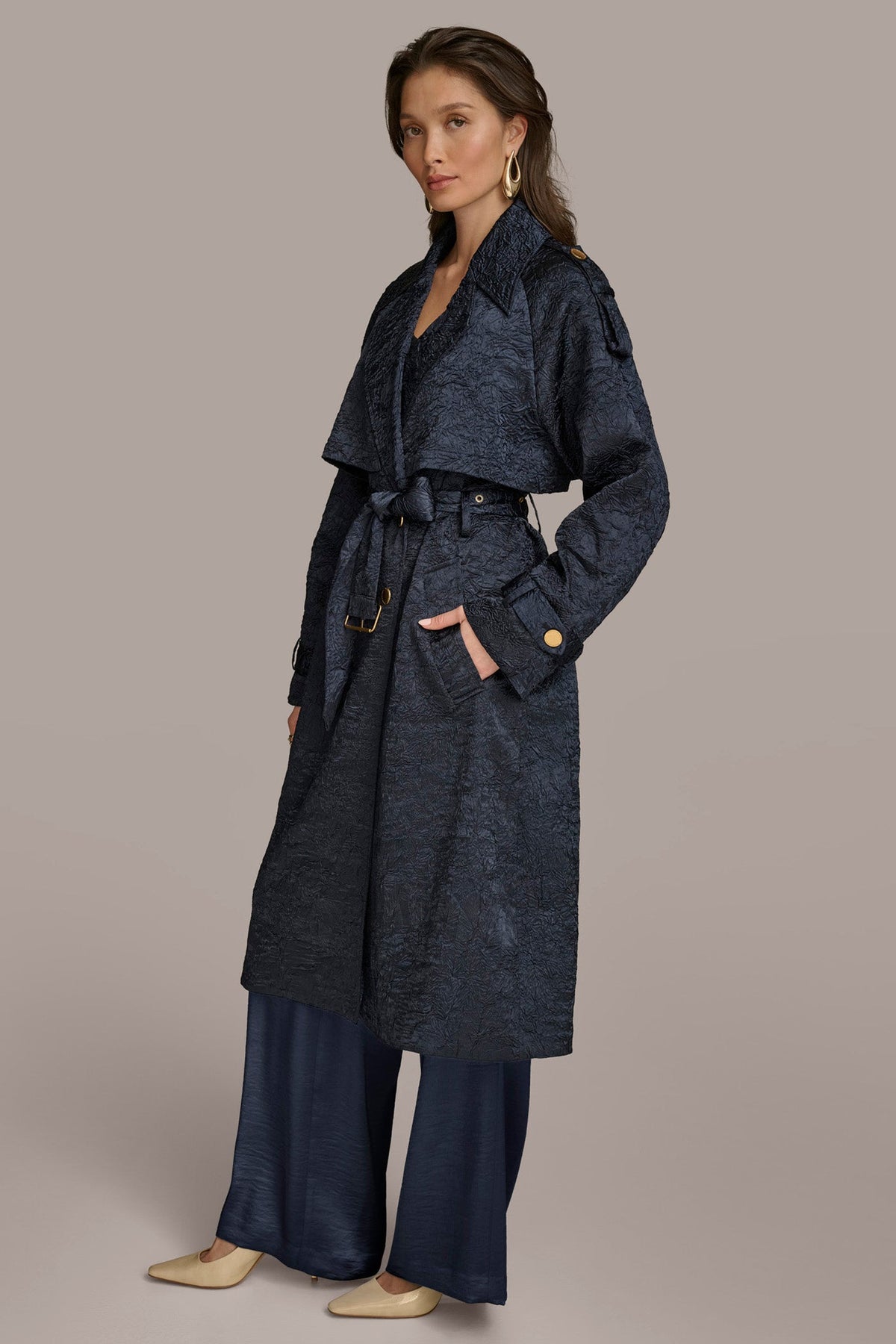 CRUSHED SATIN TRENCH COAT - NIGHTFALL