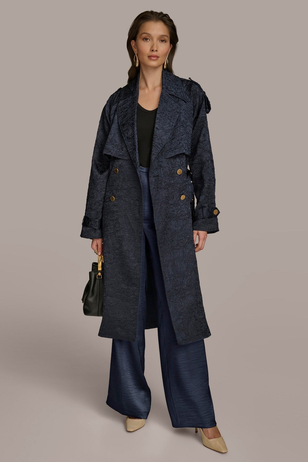 CRUSHED SATIN TRENCH COAT - NIGHTFALL