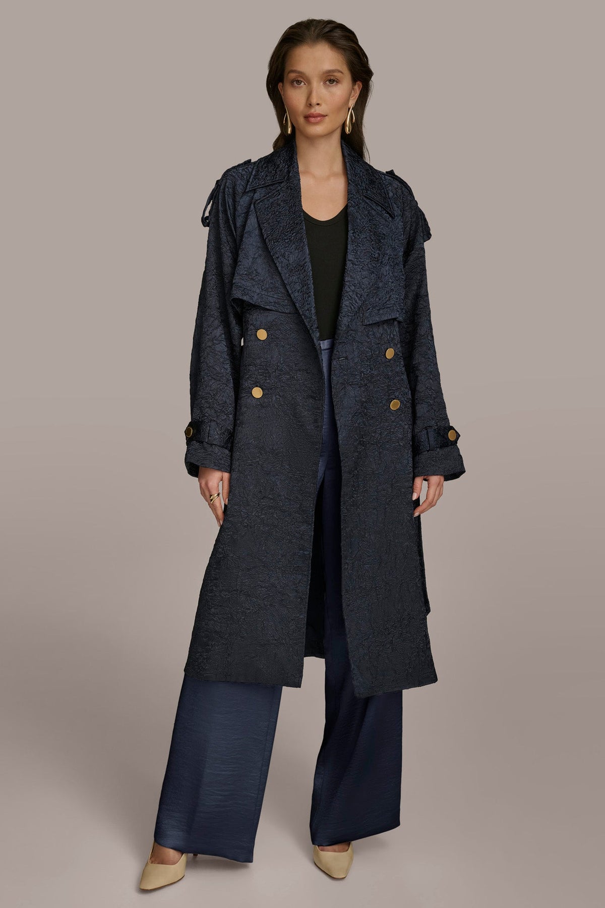 CRUSHED SATIN TRENCH COAT - NIGHTFALL