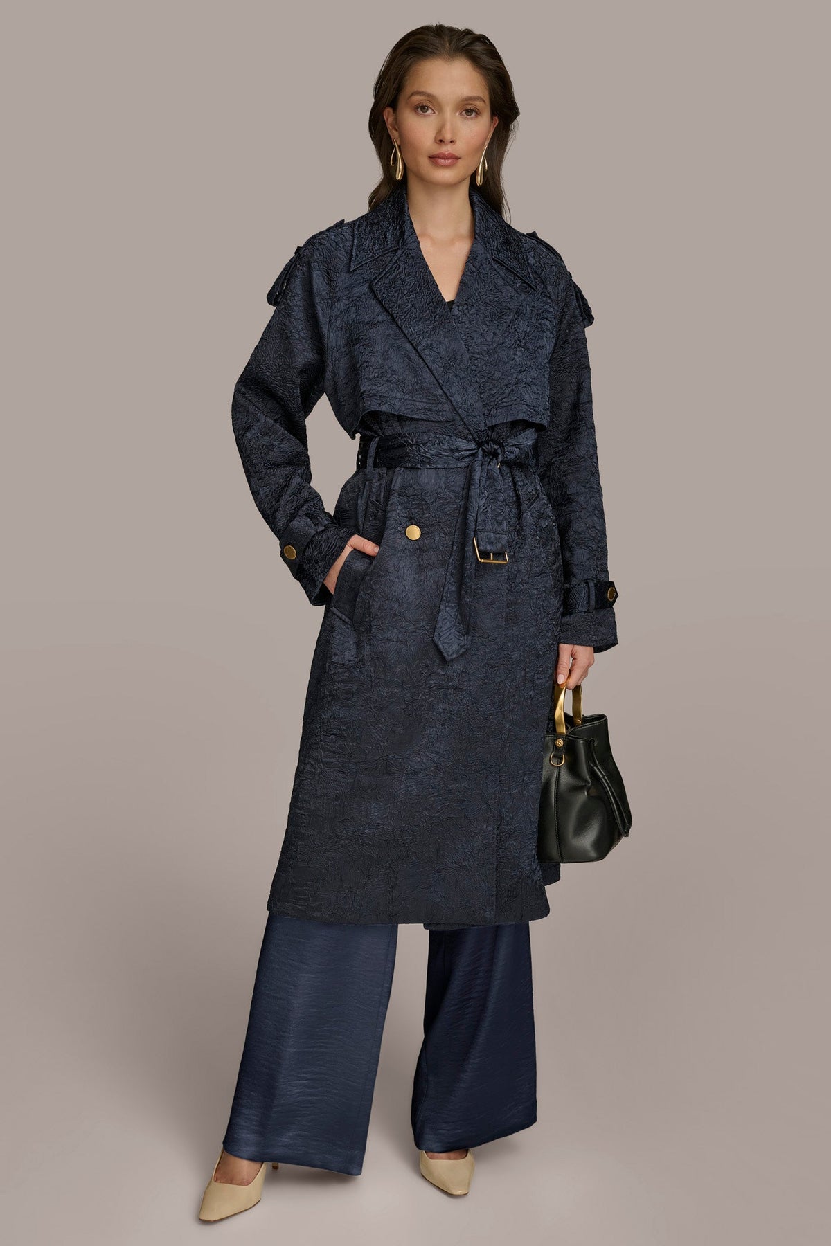 CRUSHED SATIN TRENCH COAT - NIGHTFALL