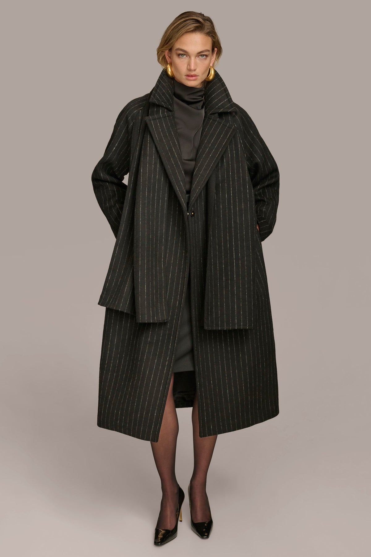 WOOL LONG COAT - Chalk/Black Stripe