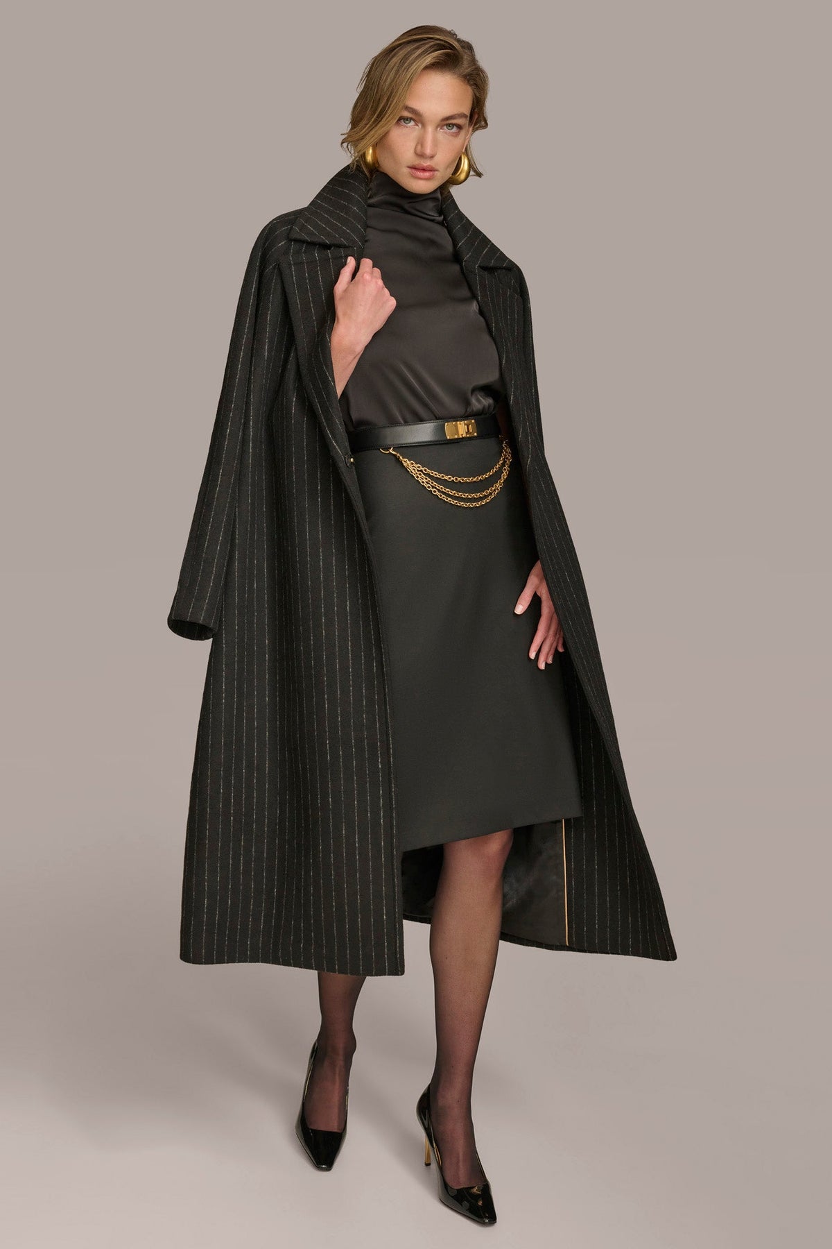 WOOL LONG COAT - Chalk/Black Stripe