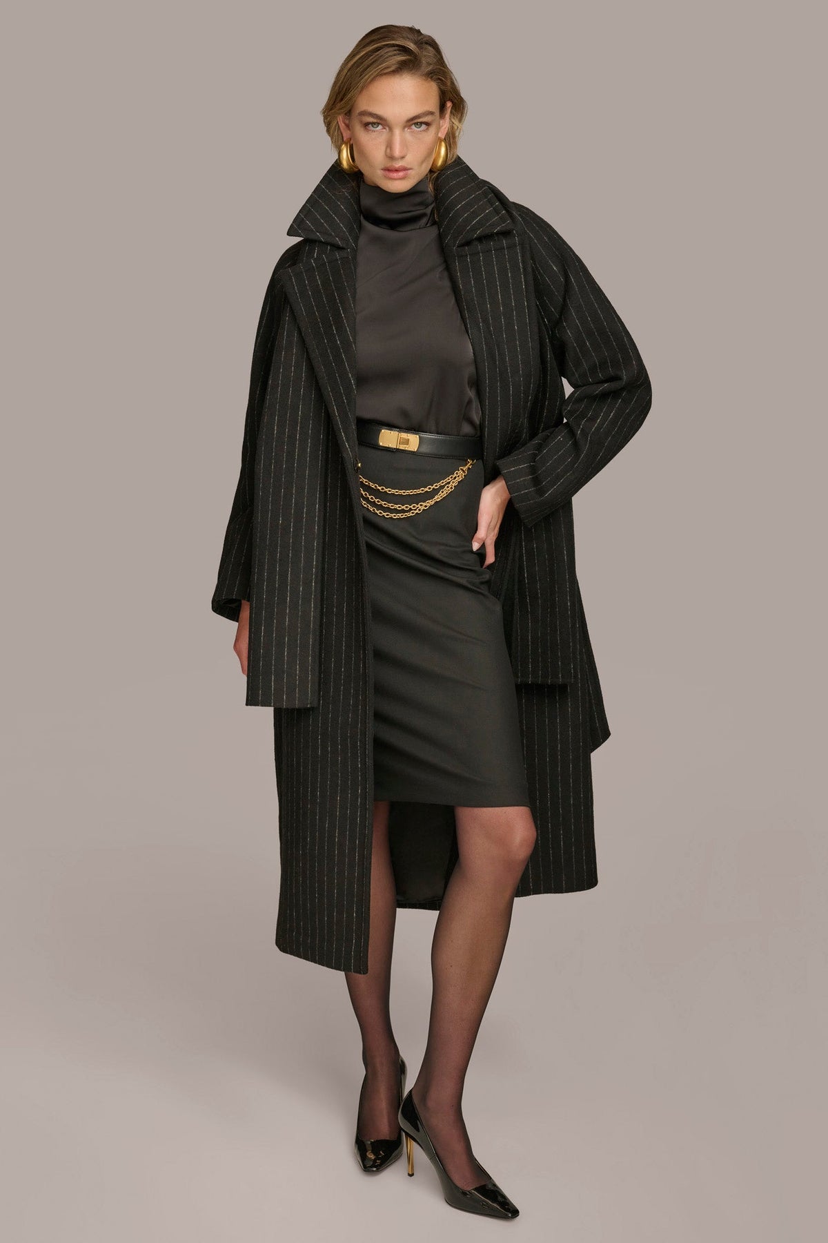 WOOL LONG COAT - Chalk/Black Stripe
