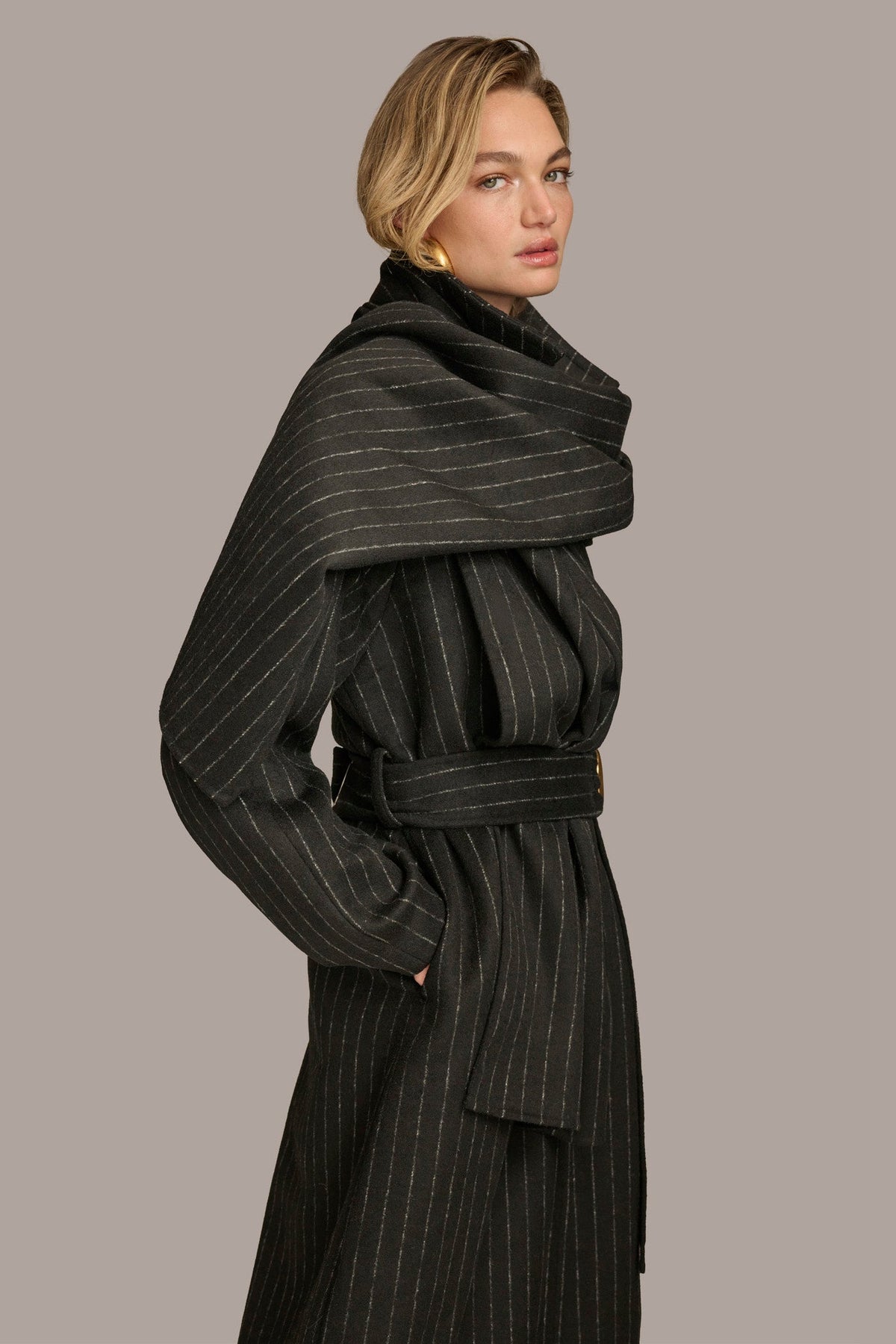 WOOL LONG COAT - Chalk/Black Stripe
