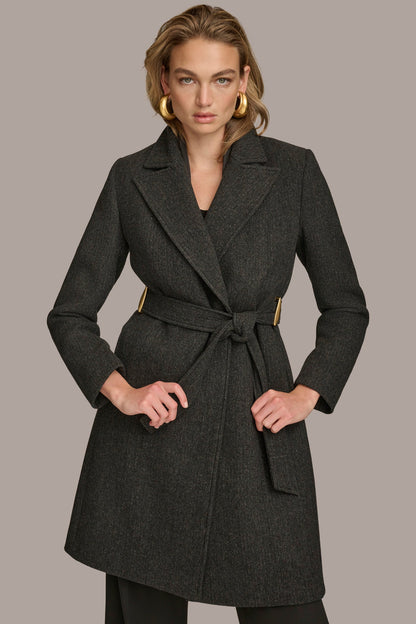 WOOL LONG WRAP COAT - Black