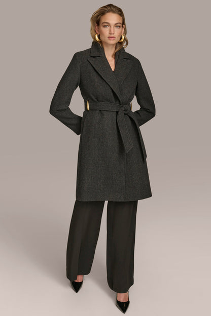 WOOL LONG WRAP COAT - Black