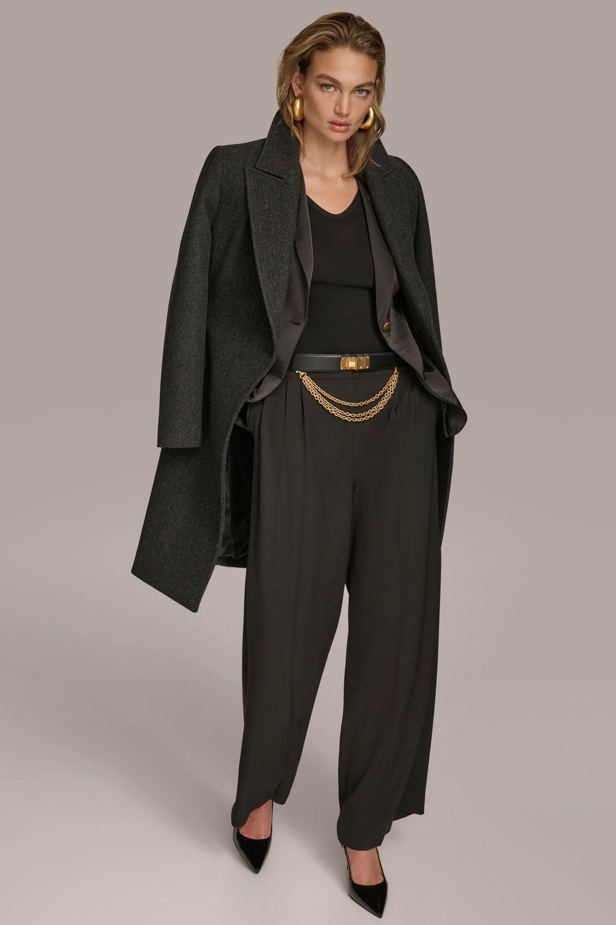 WOOL LONG WRAP COAT - Black