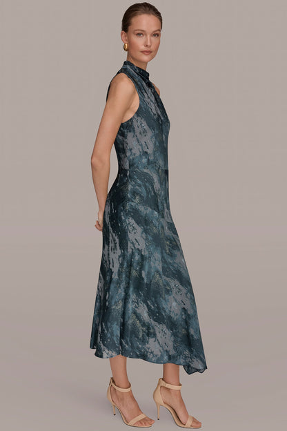 SLEEVELESS METALLIC BURNOUT DRESS - Blue Combo