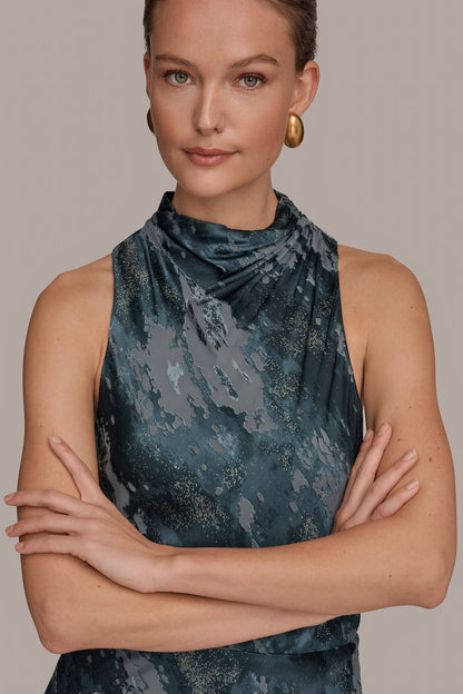 SLEEVELESS METALLIC BURNOUT DRESS - Blue Combo