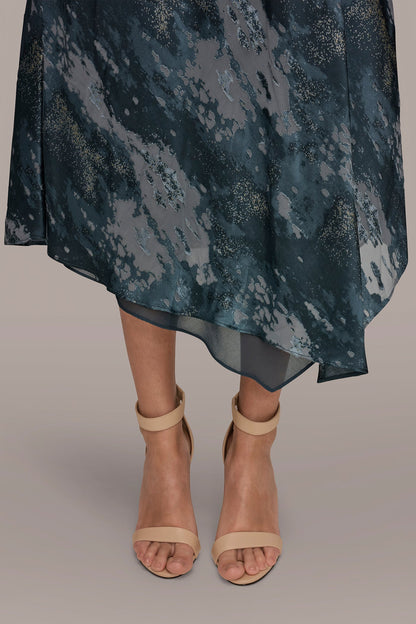 SLEEVELESS METALLIC BURNOUT DRESS - Blue Combo