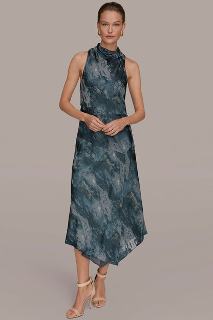 SLEEVELESS METALLIC BURNOUT DRESS - Blue Combo