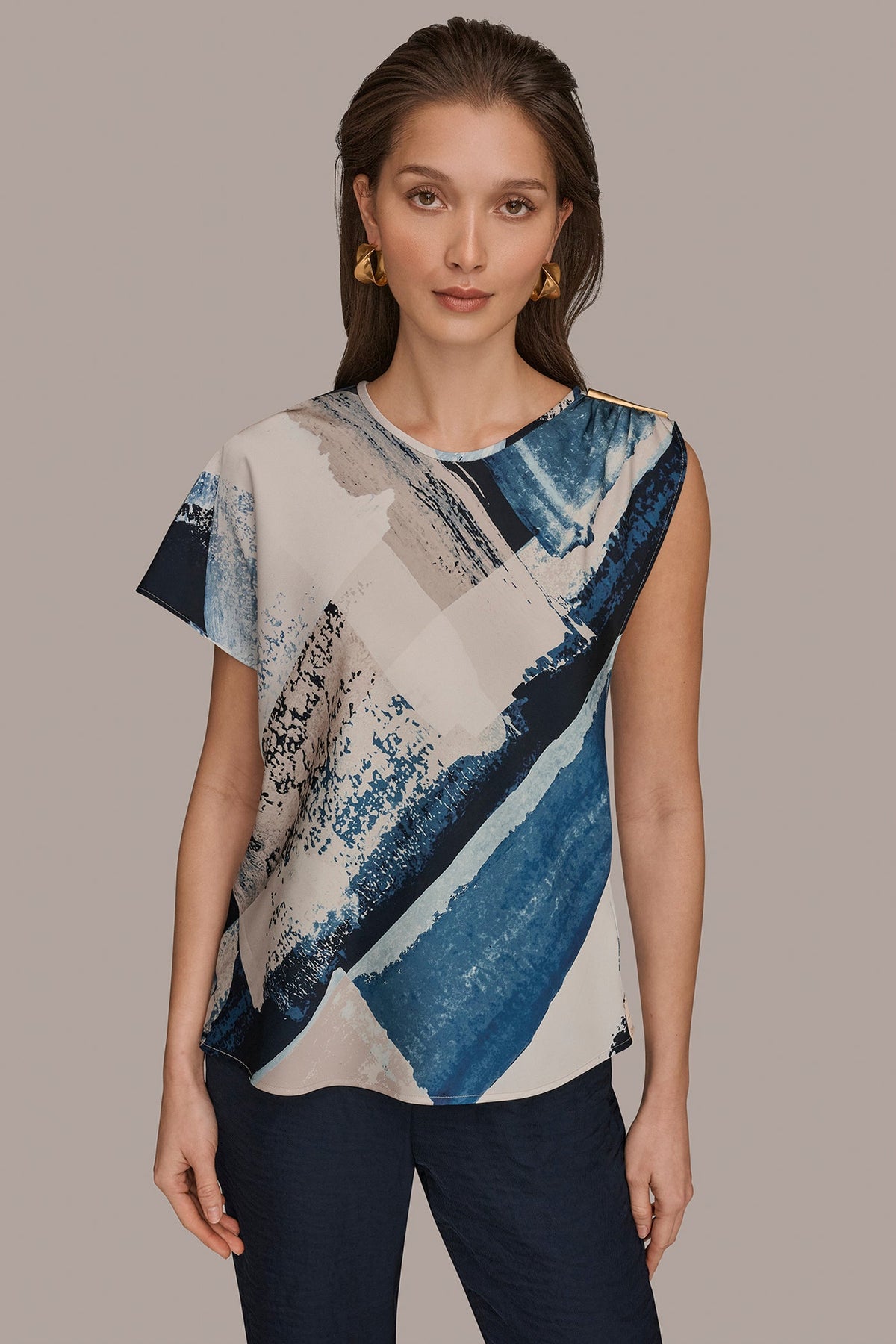ASYMMETRICAL SHOULDER BLOUSE - Washed Indigo/Cream Multi