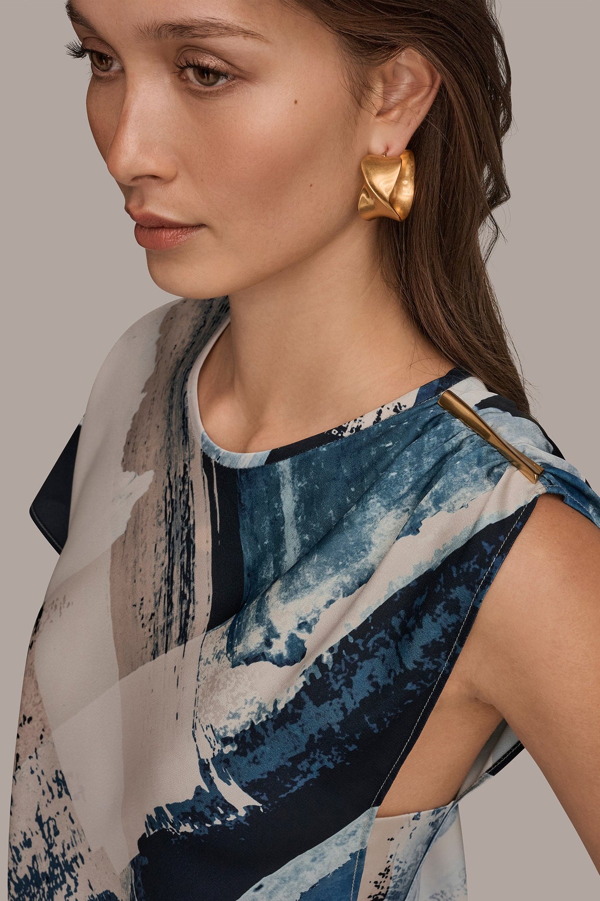 ASYMMETRICAL SHOULDER BLOUSE - Washed Indigo/Cream Multi