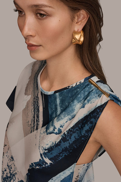 ASYMMETRICAL SHOULDER BLOUSE - Washed Indigo/Cream Multi