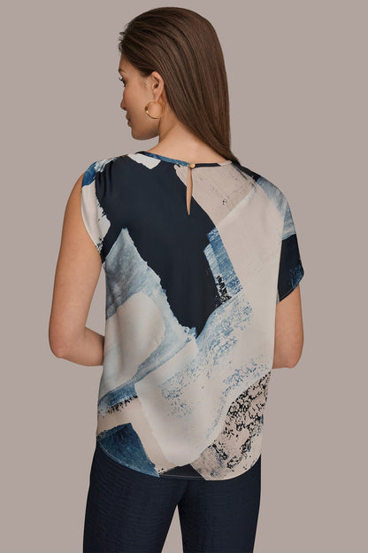 ASYMMETRICAL SHOULDER BLOUSE - Washed Indigo/Cream Multi