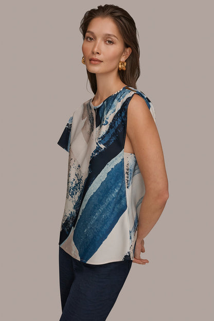 ASYMMETRICAL SHOULDER BLOUSE - Washed Indigo/Cream Multi