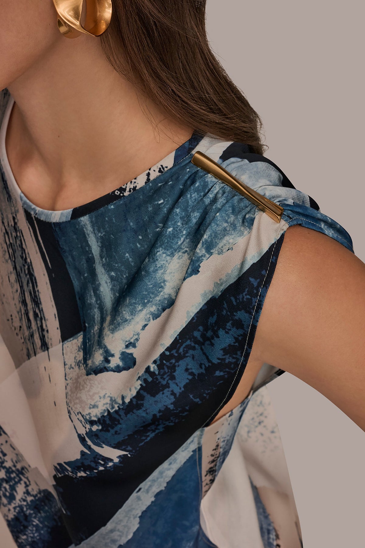 ASYMMETRICAL SHOULDER BLOUSE - Washed Indigo/Cream Multi