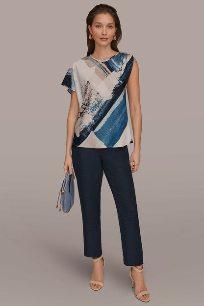 ASYMMETRICAL SHOULDER BLOUSE - Washed Indigo/Cream Multi