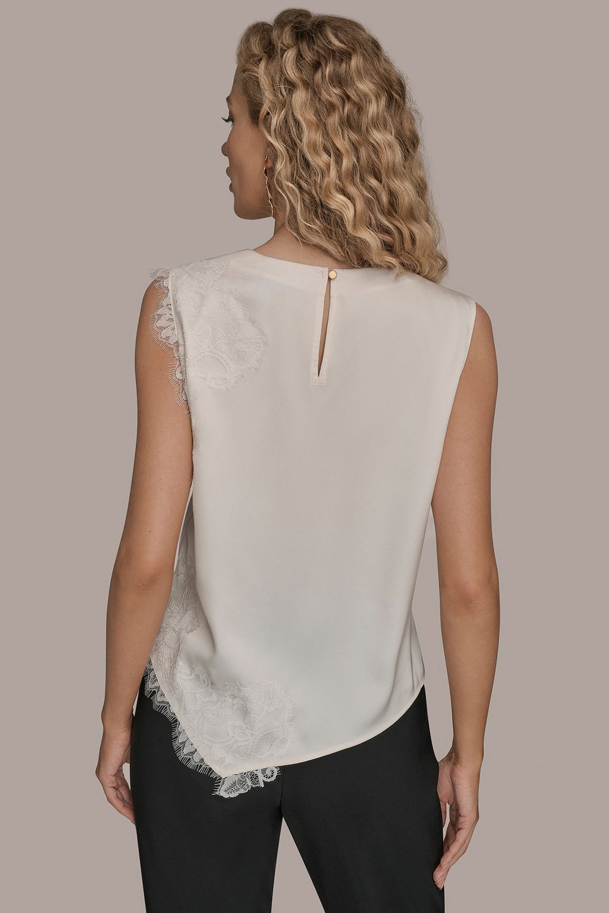 SLEEVELESS LACE-TRIM CREPE BLOUSE - Cream