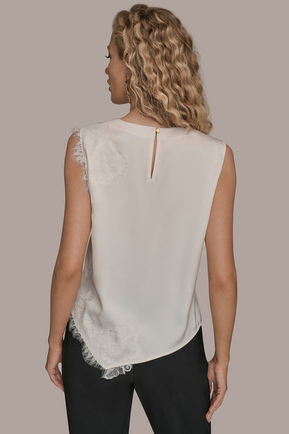 SLEEVELESS LACE-TRIM CREPE BLOUSE - Cream