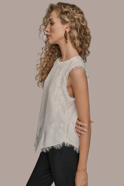 SLEEVELESS LACE-TRIM CREPE BLOUSE - Cream