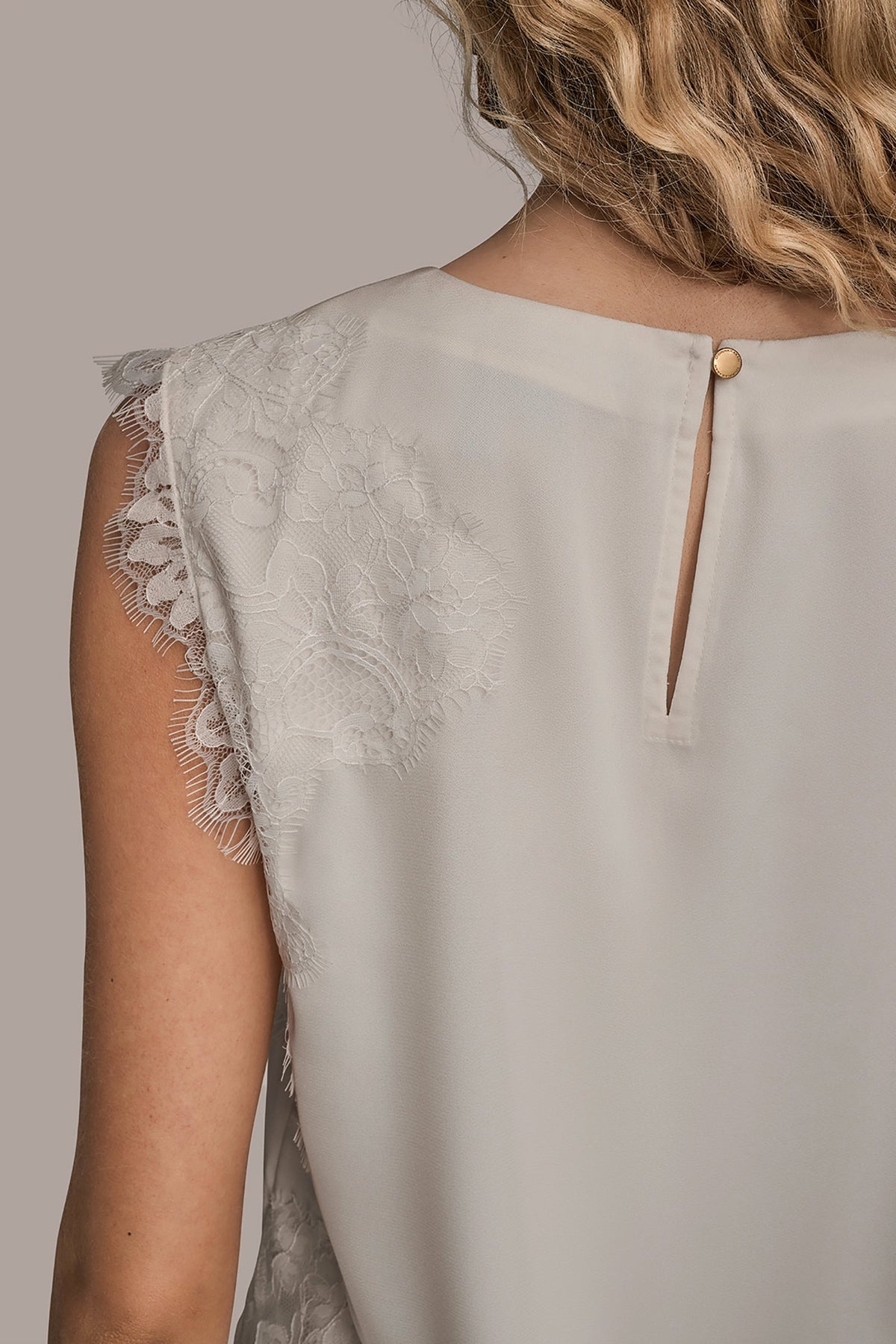 SLEEVELESS LACE-TRIM CREPE BLOUSE - Cream