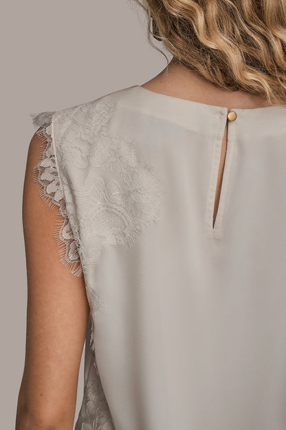 SLEEVELESS LACE-TRIM CREPE BLOUSE - Cream