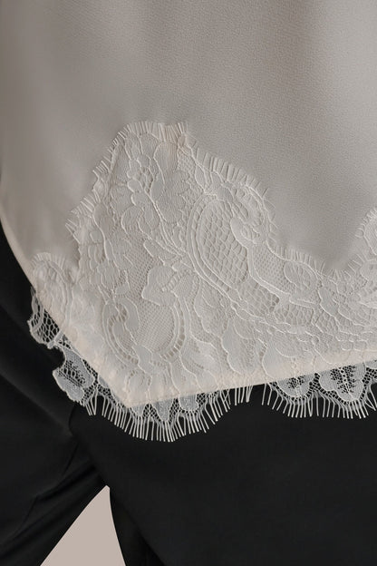 SLEEVELESS LACE-TRIM CREPE BLOUSE - Cream