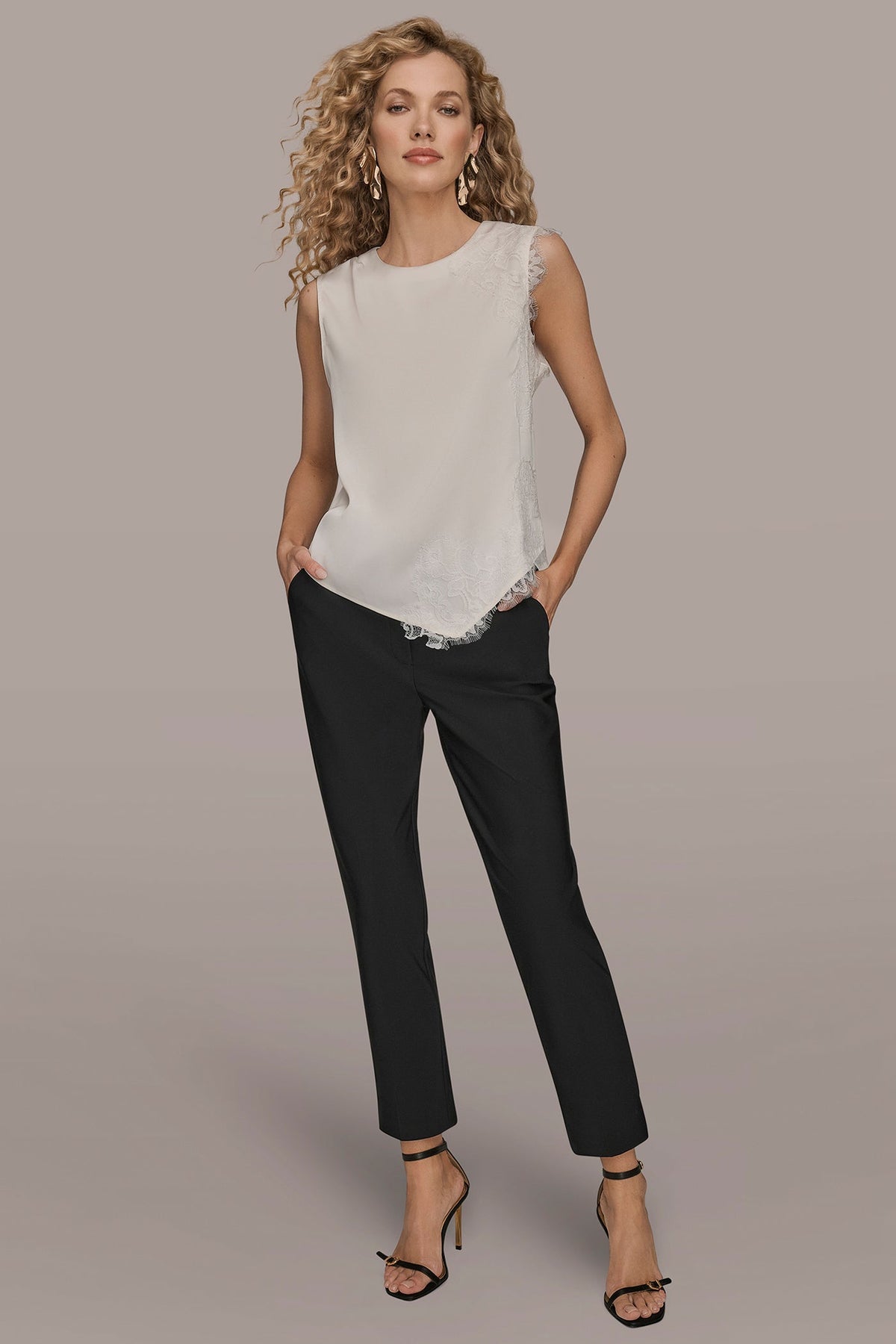 SLEEVELESS LACE-TRIM CREPE BLOUSE - Cream