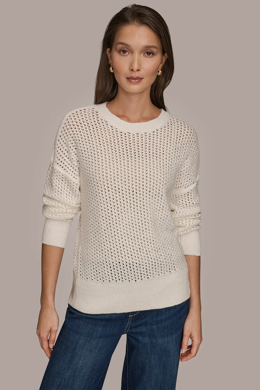 LONG SLEEVE OPEN STITCH SWEATER - CREAM