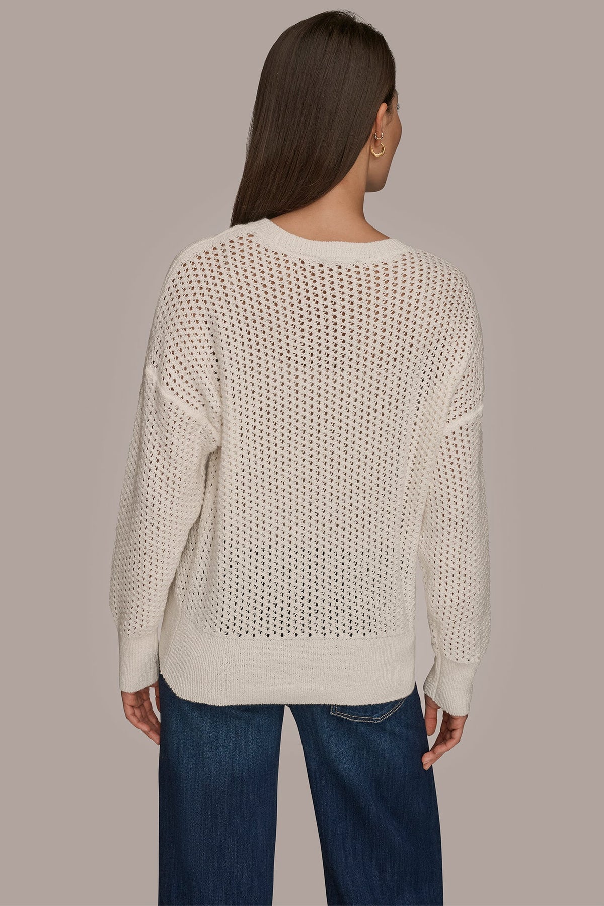 LONG SLEEVE OPEN STITCH SWEATER - CREAM